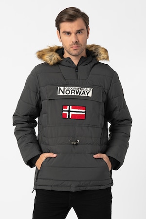 Imagine Geographical Norway, Geaca cu vatelina si garnitura de blana sintetica, fara inchidere Coconut, Gri inchis/Rosu/Alb, 3XL