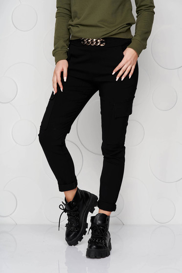 Imagine Pantaloni SunShine negri conici cu buzunare cu elastic in talie si cu accesoriu metalic