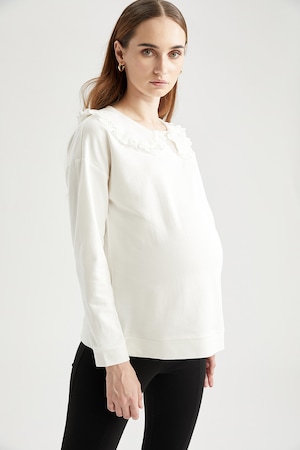 Imagine DeFacto, Bluza de bumbac pentru gravide cu guler Peter Pan, Alb prafuit, 3XL