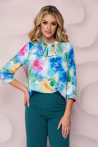 Imagine Bluza dama StarShinerS office cu croi larg din material vaporos cu guler tip esarfa si imprimeu floral unic