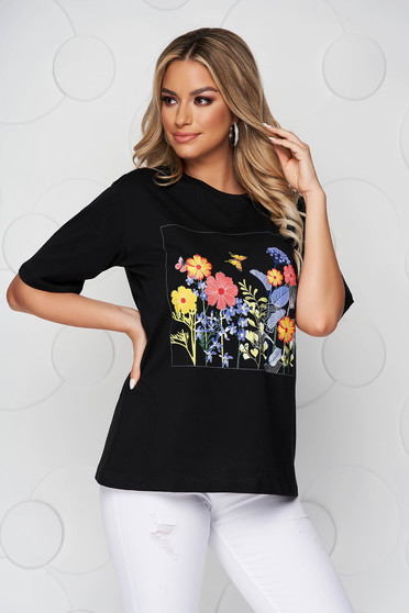 Imagine Tricou SunShine negru din bumbac cu croi larg cu decolteu rotunjit si imprimeu floral