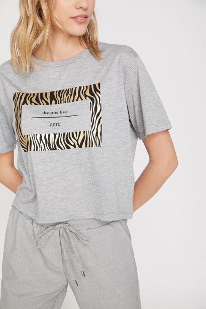 Imagine Koton Women's Gray Leopard Detail Slogan Printed Large Fit Crew Neck T-Shirt
