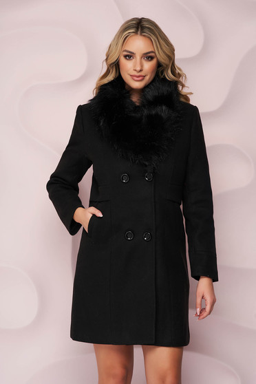 Imagine Palton din lana SunShine negru elegant cu un croi cambrat cu blana ecologica detasabila