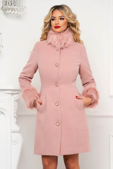 Imagine Palton Artista roz prafuit cambrat elegant cu guler si mansete cu blana