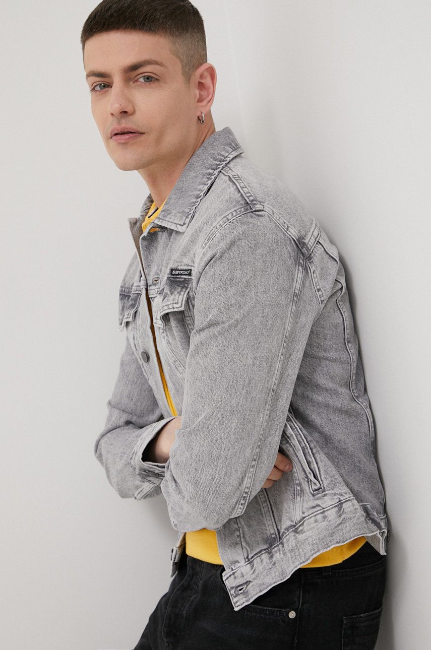 Imagine Superdry geaca jeans barbati, culoarea gri, de tranzitie