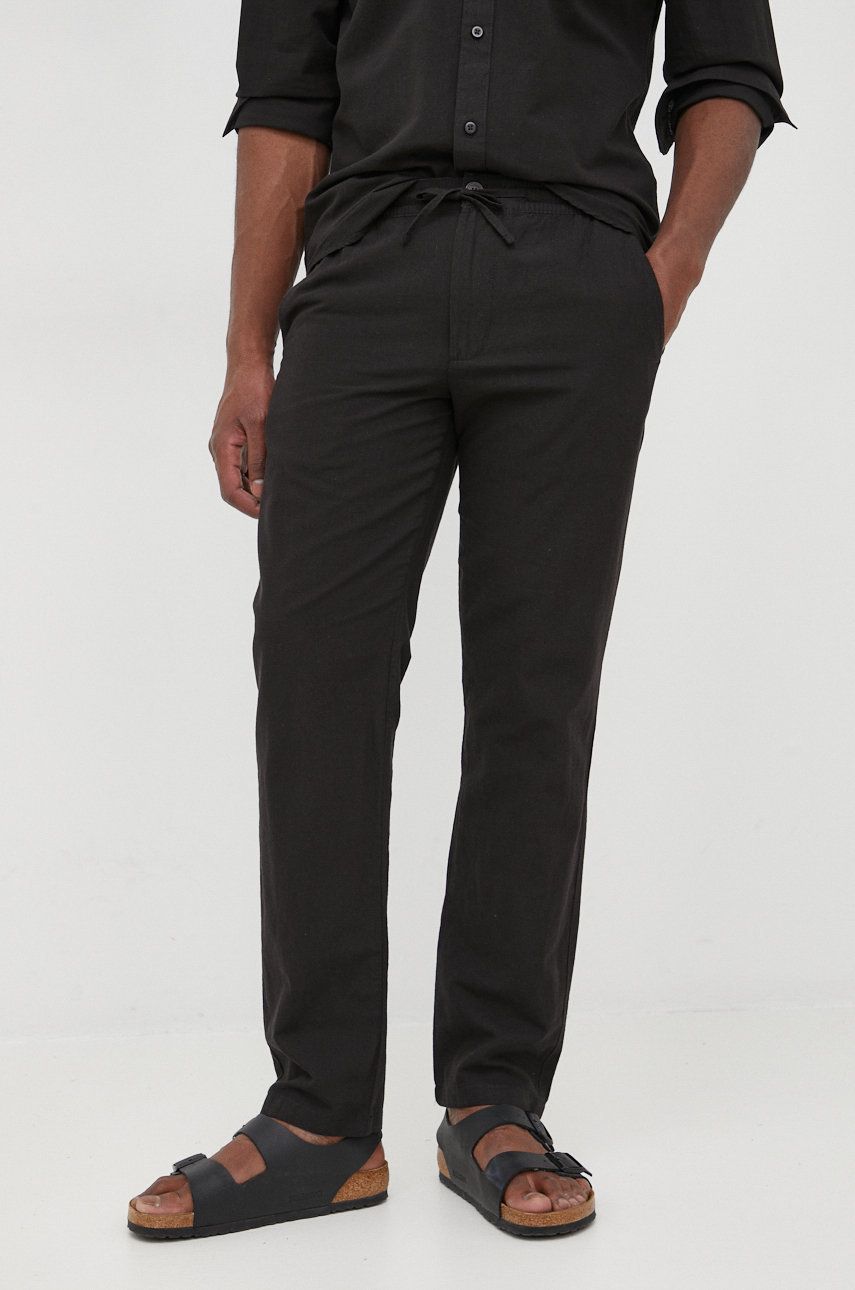 Imagine Selected Homme pantaloni din amestec de in barbati, culoarea negru, drept
