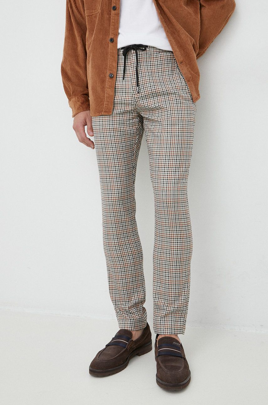 Imagine Pepe Jeans pantaloni din lana Castle Check barbati, culoarea maro