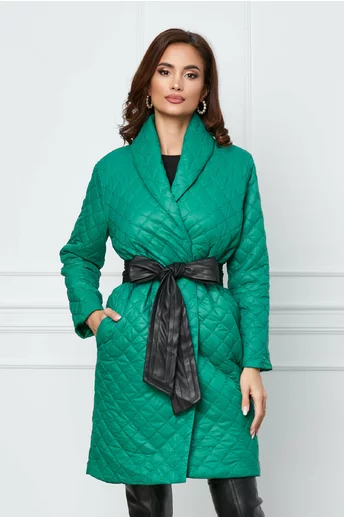 Imagine Geaca Dy Fashion verde cu cordon din piele in talie