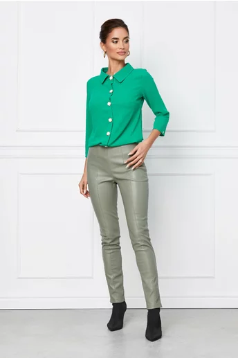 Imagine Pantaloni Dy Fashion din piele ecologica olive cu talie inalta