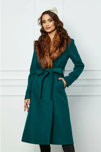 Imagine Palton Dy Fashion lung verde cu blanita si cordon in talie