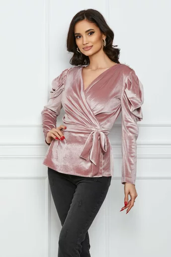 Imagine Bluza Dy Fashion roz din catifea cu accosorii pe umeri