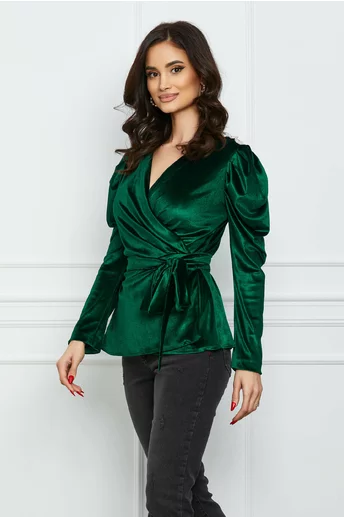 Imagine Bluza Dy Fashion verde din catifea cu accesorii pe umeri