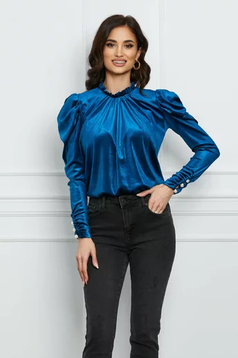Imagine Bluza Dy Fashion albastra din catifea cu umeri bufanti