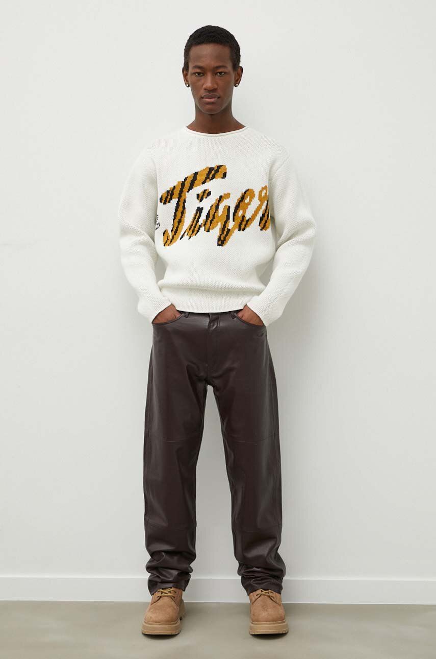 Imagine Tiger Of Sweden pantaloni de piele barbati, culoarea maro, drept