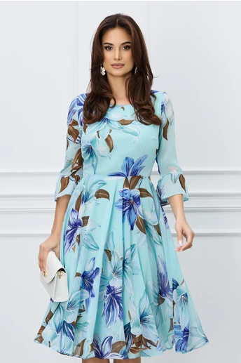 Imagine Rochie Oana verde mint cu imprimeuri florale albastre