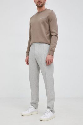 Imagine Emporio Armani pantaloni din in barbati, culoarea gri, drept