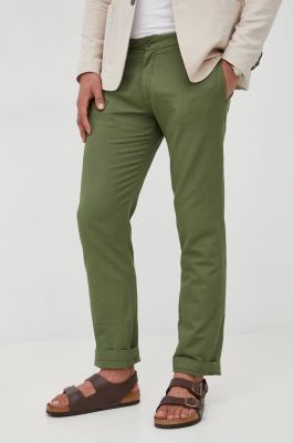 Imagine La Martina pantaloni din in barbati, culoarea verde, drept