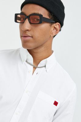 Imagine HUGO cămașă din bumbac bărbați, culoarea alb, cu guler button-down, slim 50479302