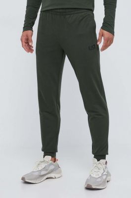 Imagine EA7 Emporio Armani pantaloni de trening din bumbac culoarea verde, neted