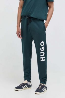 Imagine HUGO pantaloni de trening din bumbac culoarea verde, cu imprimeu