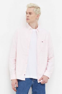 Imagine Tommy Jeans cămașă din bumbac bărbați, culoarea roz, cu guler button-down, regular DM0DM18335
