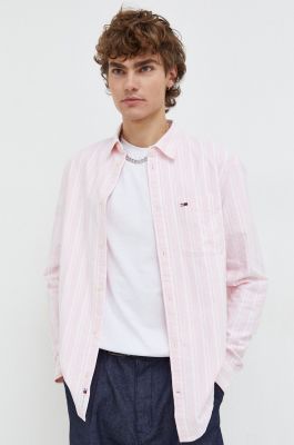 Imagine Tommy Jeans cămașă din bumbac bărbați, culoarea roz, cu guler clasic, regular DM0DM18336
