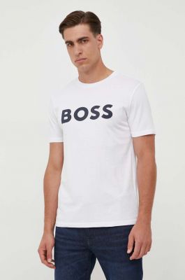 Imagine BOSS tricou din bumbac BOSS CASUAL barbati, culoarea bej, cu imprimeu