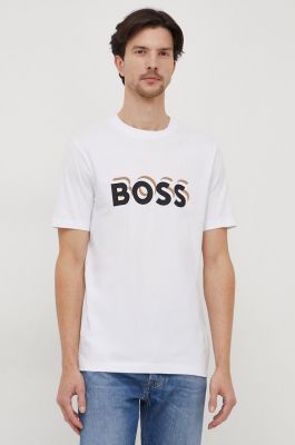 Imagine BOSS tricou din bumbac barbati, culoarea alb, cu imprimeu