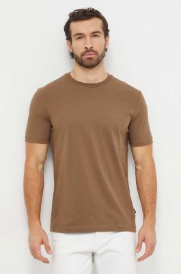 Imagine BOSS tricou din bumbac barbati, culoarea maro, neted