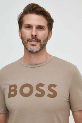 Imagine BOSS tricou din bumbac BOSS CASUAL barbati, culoarea maro, cu imprimeu