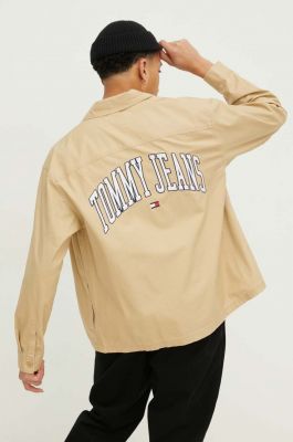 Imagine Tommy Jeans camasa din bumbac barbati, culoarea bej, cu guler clasic, relaxed