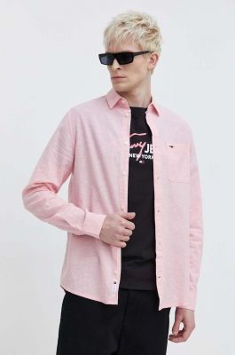 Imagine Tommy Jeans camasa din amestec de in culoarea roz, cu guler clasic, regular