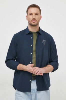 Imagine Aeronautica Militare camasa barbati, culoarea albastru marin, cu guler clasic, regular
