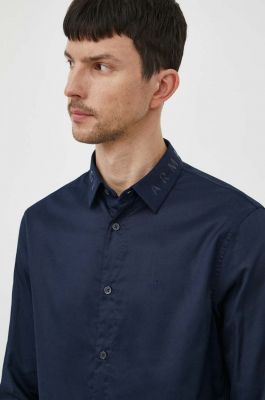 Imagine Armani Exchange camasa din bumbac barbati, culoarea albastru marin, cu guler clasic, regular