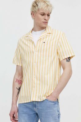 Imagine Tommy Jeans camasa din amestec de in culoarea galben, regular