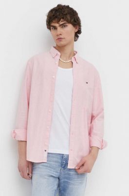 Imagine Tommy Jeans camasa din bumbac barbati, culoarea roz, cu guler button-down, regular