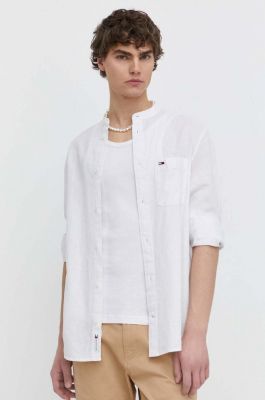 Imagine Tommy Jeans camasa din amestec de in culoarea alb, cu guler stand-up, regular