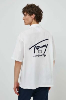 Imagine Tommy Jeans cămașă din bumbac bărbați, culoarea alb, relaxed, DM0DM19139