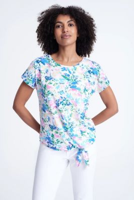 Imagine GreenPoint Bluza din amestec de modal cu model floral, maneci scurte si detaliu nod